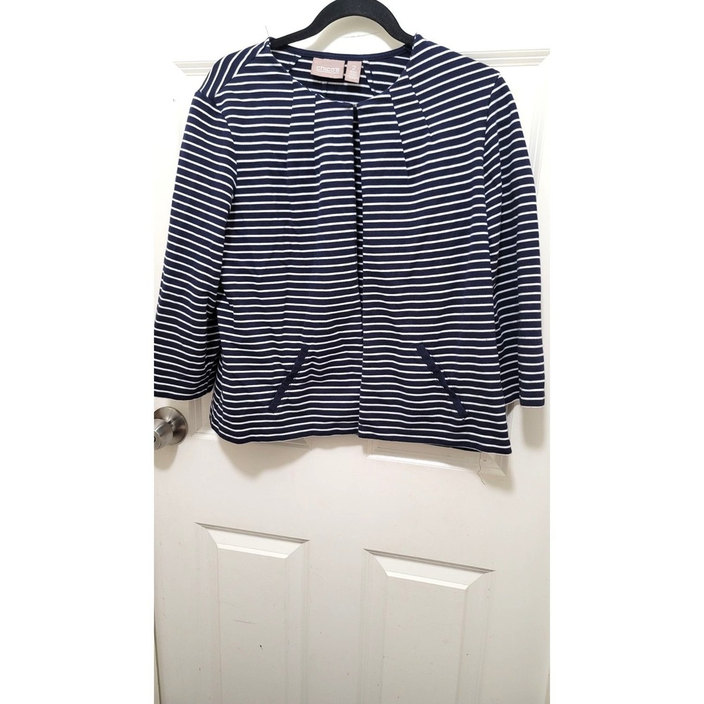 Chicos Women's Striped Jacket Size 2/L‎ us Navy/White Cotton/Polyester Blend